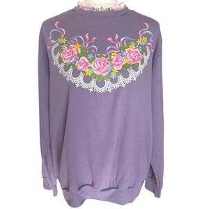 VTG Blair XL Lavender Floral Sweatshirt Mock Neck Purple Made in USA Cottagecore